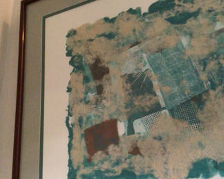 Lot 162: Framed abstract teal and beige collage print