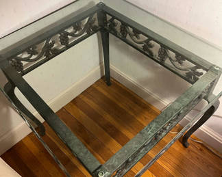 Lot 67: Wrought-iron and glass console table with grapevine motif 28x25