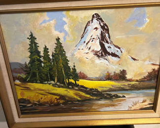 Lot 64: Landscape painting with mountain, trees, and river in a gold frame 20x 16 1/2