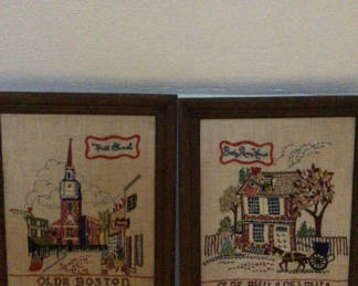 Lot 164: Framed cross-stitch panels: Olde Boston and Olde Philadelphia