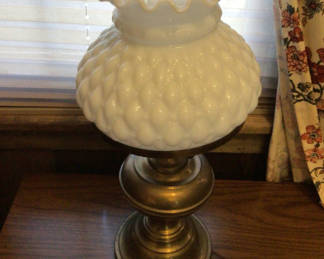 Lot 141: Brass electric table lamp with white textured glass shade