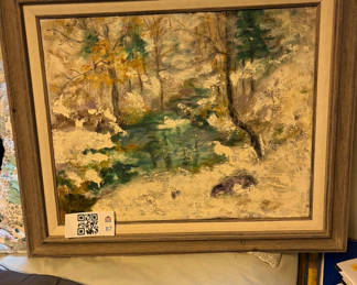 Lot 87: Framed landscape painting of a forest and stream