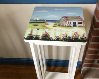 Lot 80: White Wooden End Table with Seaside Scene