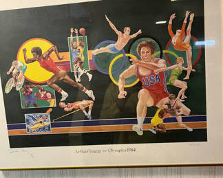 Lot 176: Arthur Young Olympics 1984 Art Prints and Pink Olympiad Jacket Patch and shirt