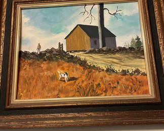 Lot 88: Framed landscape painting with barn, man, dog, and stone wall