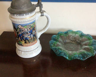 Lot 117: Ceramic beer stein with pewter lid and green glass dish