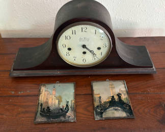 Lot 114: Vintage Mantel Clock with Nautical and Landscape Art