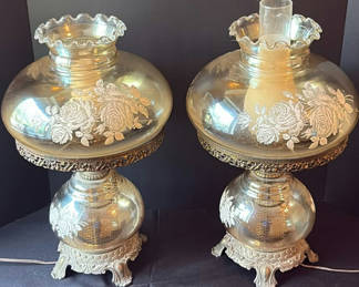 Lot 5: Pair of ornate etched glass lamps