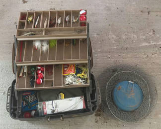 Lot 215: Fishing tackle box with lures and fishing rods