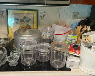 Lot 245: Assorted Kitchenware and Glassware with Storage Jars and Tools