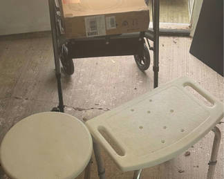 Lot 204: Rollator walker with seating, stools, and toilet seat riser box