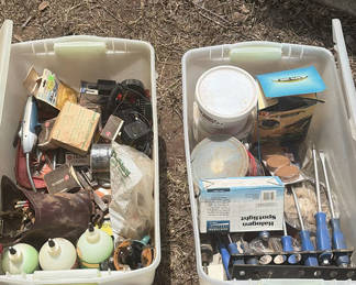 Lot 224: Assorted hardware and tools in plastic bins