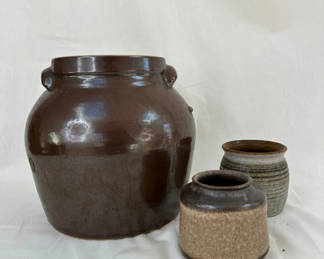 Lot 127: Antique Stoneware Crock + Handmade Studio Pottery