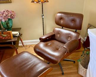Eames Style Chair and ottoman and Antique leaded glass floor lamp