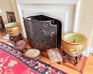 Antique Needlepoint foot stools and large Asian Planters