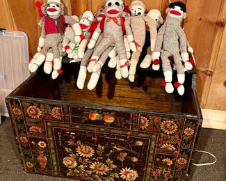 Antique wood box hand painted and sock monkeys