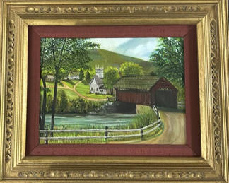 Lot 205: Landscape painting with covered bridge in ornate frame- local Austin artist Mildred Griscom