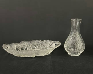 Lot 57: Clear Glass Serving Dish and Textured Glass Vase