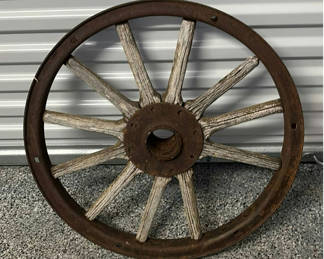 Lot 34: Wooden Wagon Wheel & Metal Decorative Panel