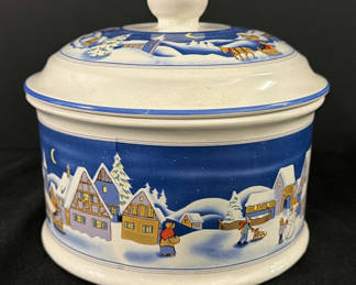 Lot 59: Ceramic Lidded Canister with Winter Village Scene