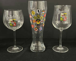 Lot 68: Pilsner Urquell Branded Glassware Set with Two Stemmed Glasses and One Pilsner Glass