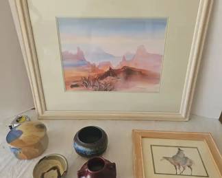 Signed Southwest Watercolor Print, A Smaller Watercolor And Four Pottery Vases