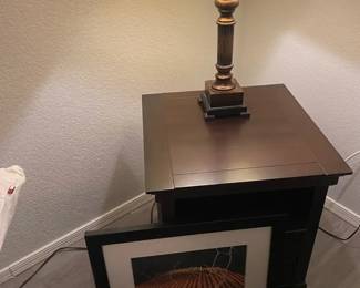 Dark Cherry Stained Nightstand, Lamp, And Framed Photo