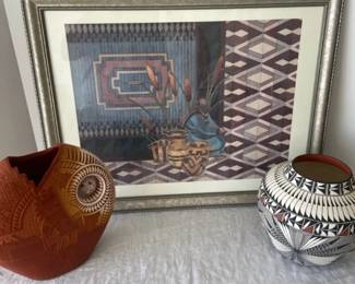 A Signed Southwest Print and Two Signed Pieces of Pottery