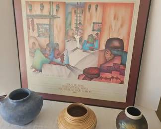 A Framed And Signed Print 1986 Food Cookoff And Three Pottery Bowls