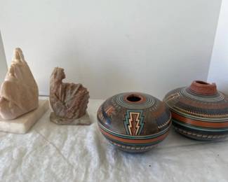 Some More Alabaster Figures And Two More Signed Native American Signed Pottery Bowls