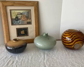 A Southwest Framed Picture And Some Polish Glass Bowls