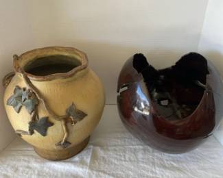 A Vintage Ceramic Art Pottery Vase And A Signed Hand Crafted Ironwood Sculpture