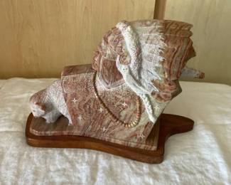 Native American Buffalo Chief Alabaster Sculpture By Ray Pettigrew