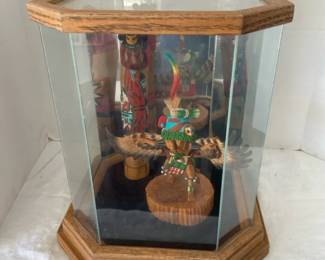 Two Hand Carved Wooden Signed Figures In Display Case