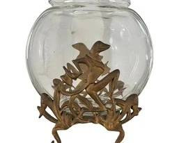 Vintage Sculptural Cast Iron Gilt Fishbowl With Artistic Frog And Foliage Design