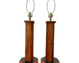 Mid Century Bespoke Wood And Vinyl Stick Lamps