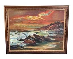Mid 20th Century Rocky Coastline Sunset Seascape Painting Signed C. Baiamonte, Framed