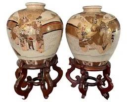 Vintage Asian Satsuma Vases On Stands- A Pair