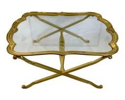 Mid 20th Century Scalloped Edge Brass And Glass X-Base Coffee Table