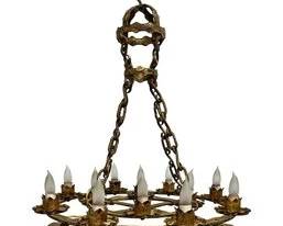 Antique French Brutalist Gilt Forged Iron 12-Light Chandelier