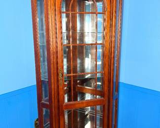 Pulaski Traditional Lighted Cherry Corner Curio Cabinet With Arched Pediment 