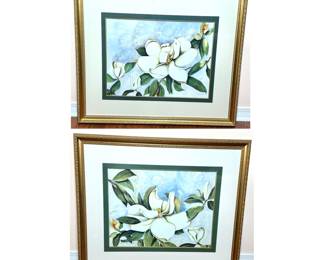 Set of 2 Beautiful Magnolia Prints by Patsy Monroe (1995) in Gilded Frames 