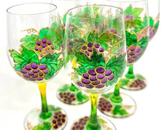 Set of 6 Hand-Painted Mardi Gras grape Wine glasses 