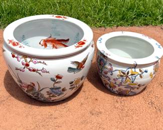 Set of 2 Vintage Chinese Chinoiserie Hand Painted Fish Bowl Planters 