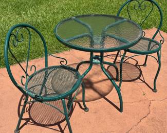 Green Wrought Iron Small Bistro Set - Table with 2 Chairs 