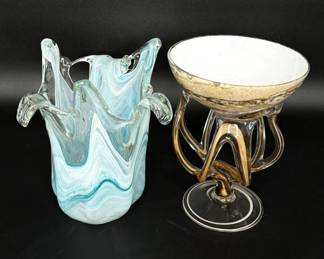 2 Vintage Handblown Glass Pieces - Blue/White Vase and Brown/White Bowl 