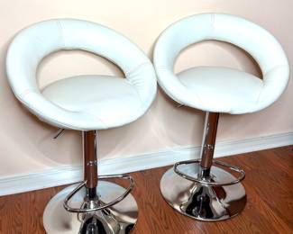 Set of 2 White MCM Style Chrome Base Barstools 