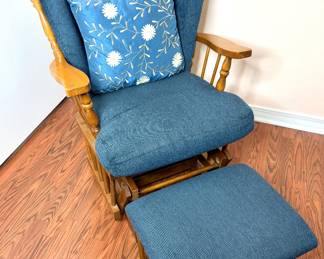 Wooden Glider and Matching Ottoman with Blue Cushions 