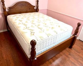 Queen Sized Pine Bed Frame with Carved Design Headboard and Sealy Queen Mattress 