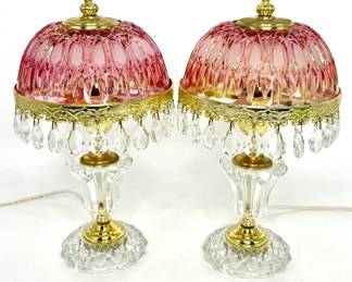Vintage Pair of Michelotti Boudoir Glass Lamps with Crystal Prisms 